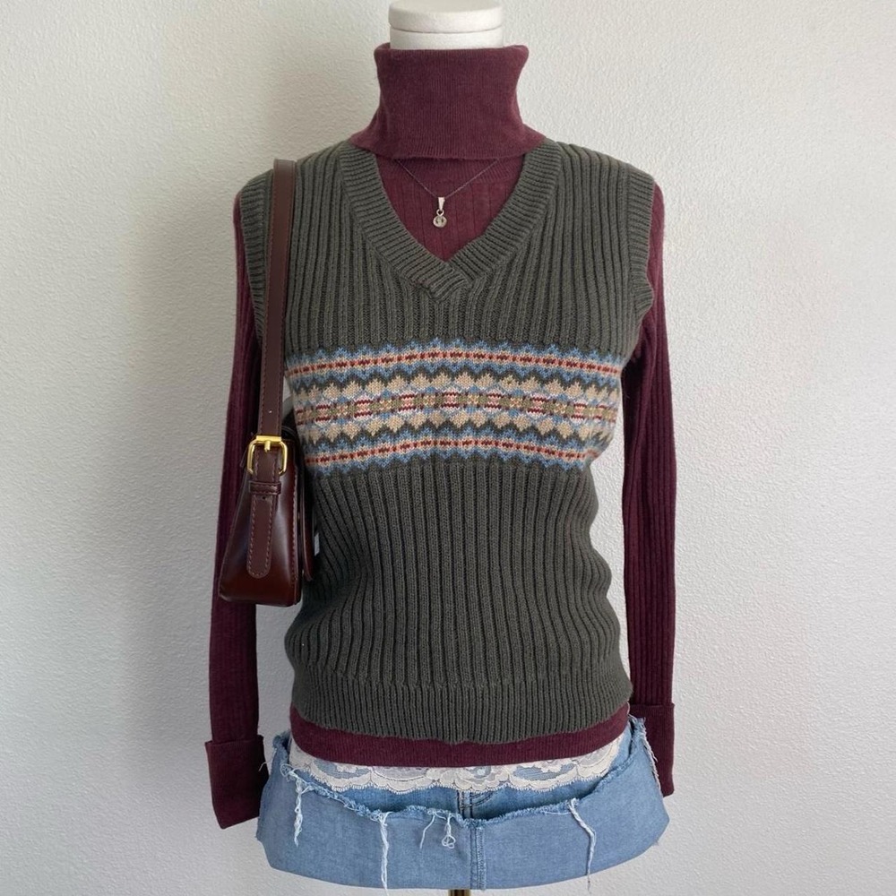 Vintage High Sierra Knit Green Earthy Sweater Vest Eclectic Grandpa Cozy Fall